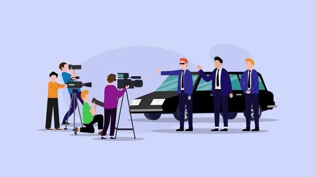 Paparazzi and Journalists Interviewing Celebrity with Bodyguards Near Luxury Car cartoon animation