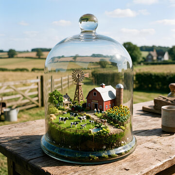 Miniature Farm Under Glass Dome Cows Barn Windmill Sunflowers Rural Landscape