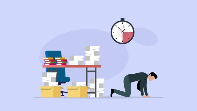 Stressed Businessman Crawling on Floor Overwhelmed by Paperwork and Time Deadline cartoon animation