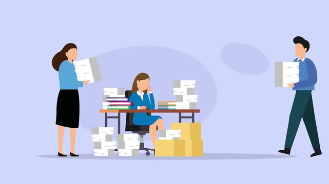 Stressed Businesswoman Overwhelmed by Paperwork Piles Brought by Colleagues cartoon animation