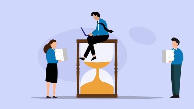 Businessman Sitting on Giant Hourglass Working on Laptop with Colleagues Carrying Paperwork cartoon animation