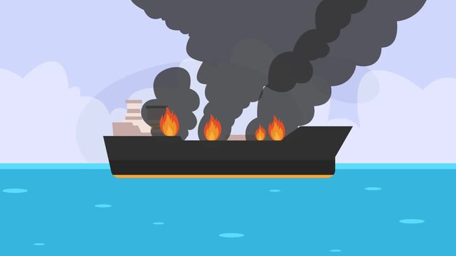 Cargo Ship Burning at Sea - Maritime Fire Emergency and Shipwreck Disaster cartoon animation