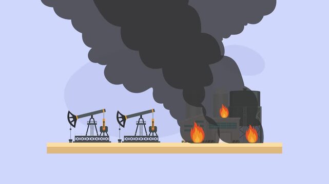Oil Refinery Factory on Fire with Pumpjacks and Heavy Smoke cartoon animation