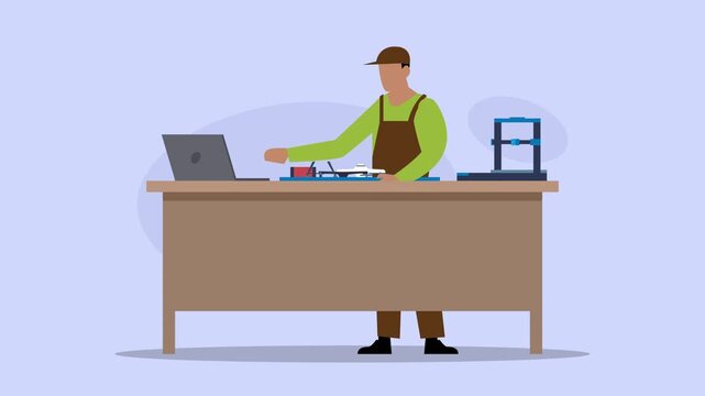 Technician Repairing Drone at Workbench with Laptop and 3D Printer cartoon animation