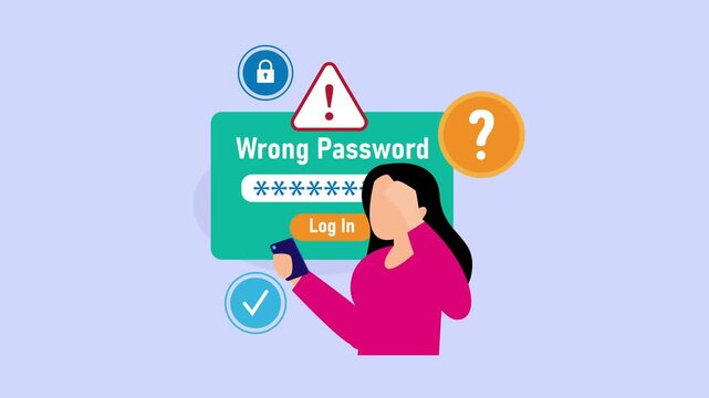Frustrated Woman Holding Smartphone with Wrong Password Notification and Login Error cartoon animation