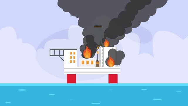Offshore Oil Rig Platform on Fire with Black Smoke Emergency cartoon animation