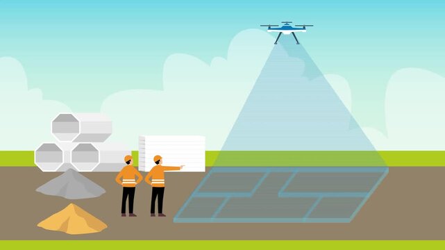Engineers Using Drone for Construction Site Surveying and Blueprint Scanning cartoon animation