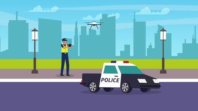 Police Officer Operating Surveillance Drone with Patrol Car in City Park cartoon animation