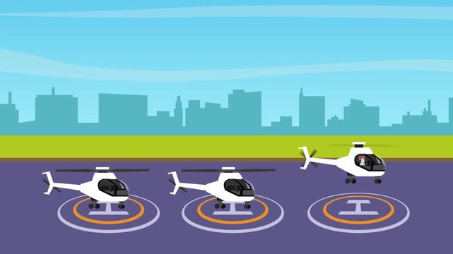 Passenger Helicopters and Air Taxis Landing on Helipad in City cartoon animation