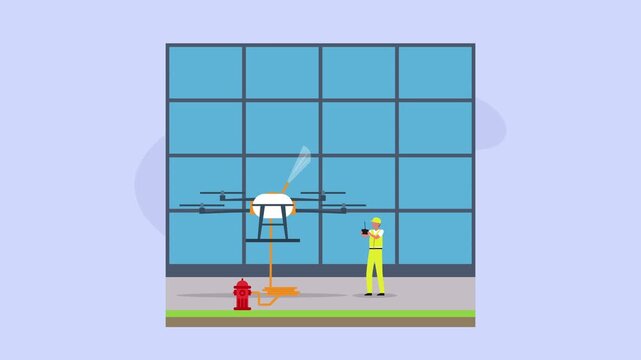 Firefighter Operating Firefighting Drone to Extinguish High Rise Building Fire cartoon animation