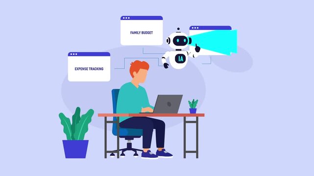 AI Financial Assistant Helping Man Manage Family Budget, Expense Tracking, and Investment Planning cartoon animation