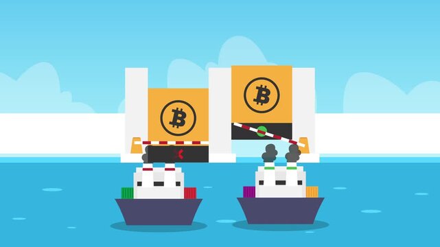 Bitcoin Cryptocurrency Regulation and Border Control Customs Checkpoint cartoon animation