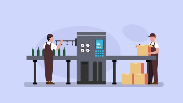 Automated Bottle Production Line and Packaging Process cartoon animation