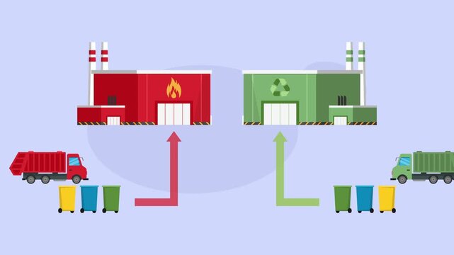 Waste Incineration versus Recycling Plant Process Comparison cartoon animation