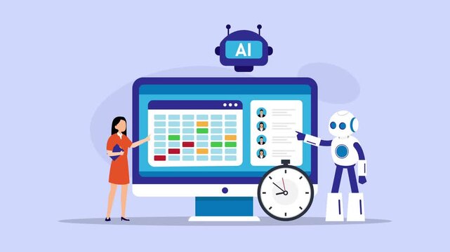 AI Assistant Helping Businesswoman Manage Schedule and HR Tasks cartoon animation