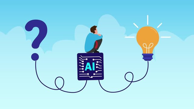 Man Sitting on AI Microchip Finding Creative Solutions cartoon animation
