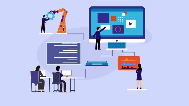 Tech Team Working on Automated Systems and Software Development cartoon animation