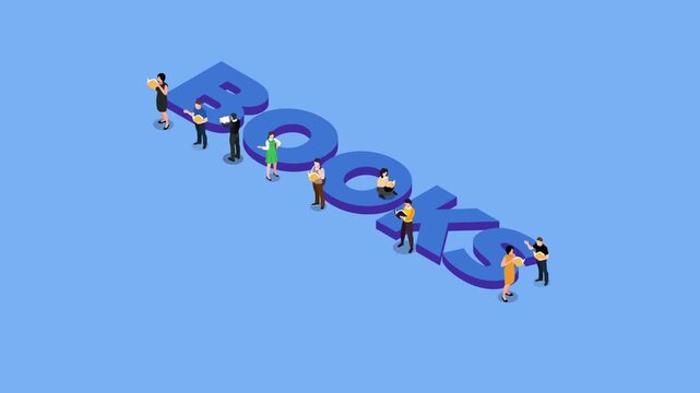 People Reading Around Giant Books Typography Concept 3d animation cartoon