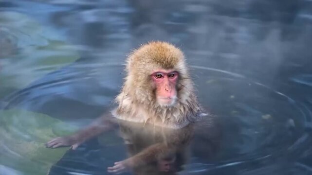 Japanese Snow Monkey Relaxing in Natural Hot Spring Onsen Video