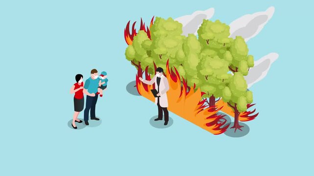 Doctor Explaining Forest Fire Air Pollution to Family 3d animation cartoon