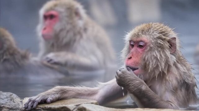 Japanese Snow Monkey Relaxing in Natural Hot Springs Onsen