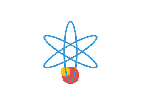 Minimalist illustration of a stylized atom with colorful core spheres