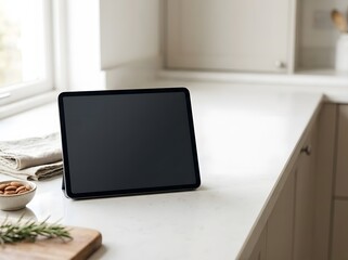 Fototapeta premium Digital tablet with blank black screen mockup on white kitchen countertop next to bowl of almonds, fresh rosemary on wooden board, and folded linen cloth in bright modern interior.