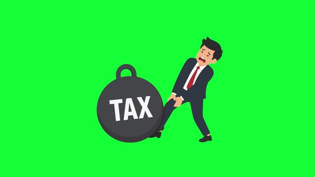 Businessman animated pulling heavy tax weight trapped burden in 4k green screen background