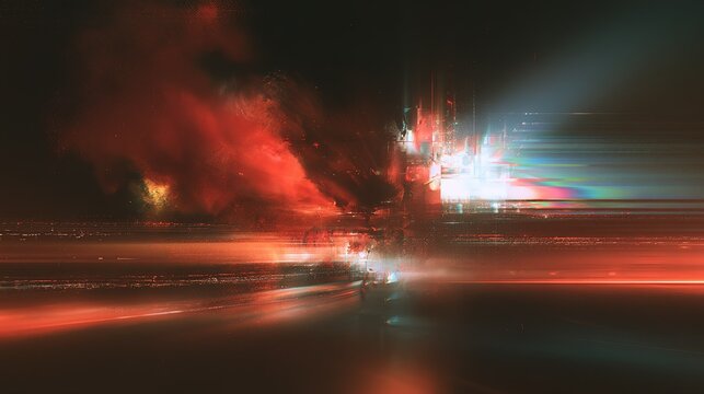 Glitch‑art abstract design with distorted colorful light bursts on black background, red orange yellow organic shapes left, white cyan pink green fractured lights right, digital artifacts and scan lin