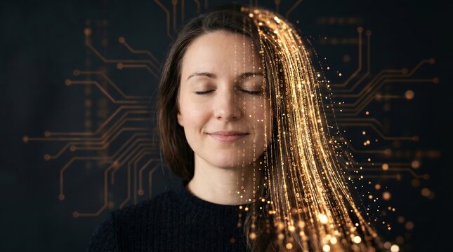 Woman with artificial intelligence digital transformation, golden data streams