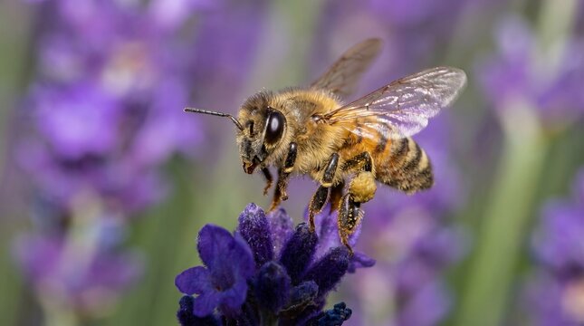 Honey bee collecting pollen from purple lavender flowers in garden