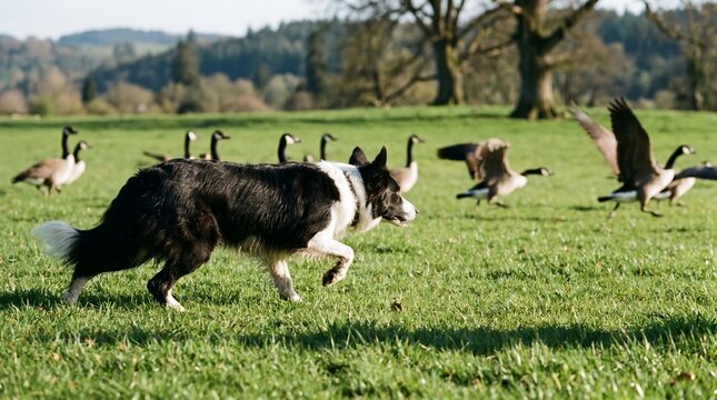 Border collie herding geese across green pasture with trees