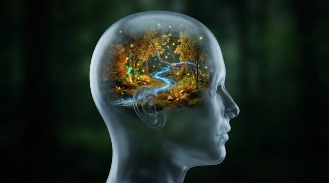 Mind illuminated by glowing forest pathway, conceptual inner landscape
