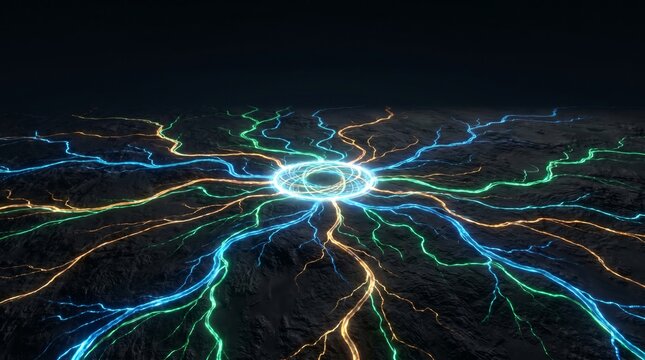 Digital intelligence network hub radiating energy through glowing pathways