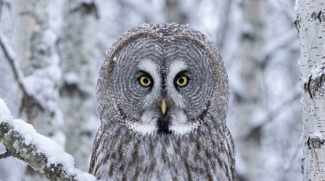Great grey owl perched on snow covered branch in winter forest