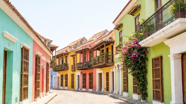 Colorful colonial street with historic architecture, balconies, flowering vines
