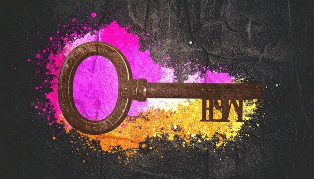 Vibrant antique key illustration featuring dynamic paint splatters in magenta purple and gold on a dark textured grunge background symbolizing discovery or unlock.