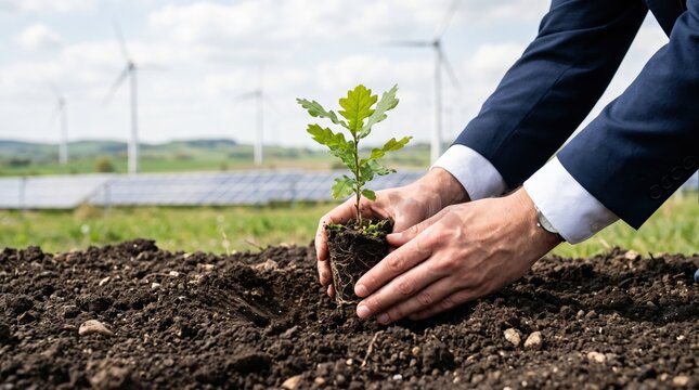 Businessman planting tree sapling in soil with wind turbines and solar panels in, sustainable agriculture and green energy for environmental protection and corporate