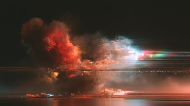 Glitch‑art abstract design with distorted colorful light bursts on black background, red orange yellow organic shapes left, white cyan pink green fractured lights right, digital artifacts and scan lin