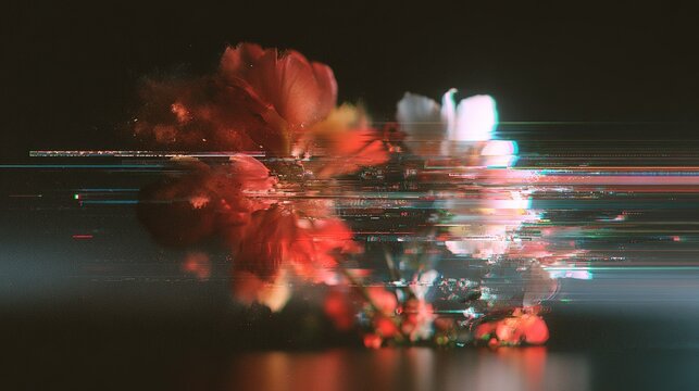 Glitch‑art abstract design with distorted colorful light bursts on black background, red orange yellow organic shapes left, white cyan pink green fractured lights right, digital artifacts and scan lin