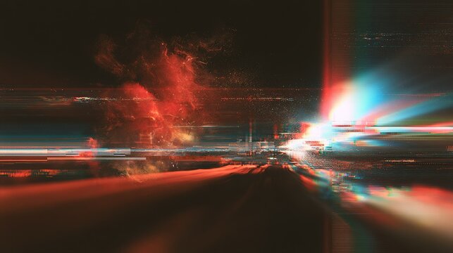 Glitch‑art abstract design with distorted colorful light bursts on black background, red orange yellow organic shapes left, white cyan pink green fractured lights right, digital artifacts and scan lin