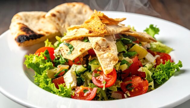 Vibrant fresh Mediterranean salad with crispy pita bread chips fresh lettuce cherry tomatoes cucumber and feta cheese served with warm pita bread.