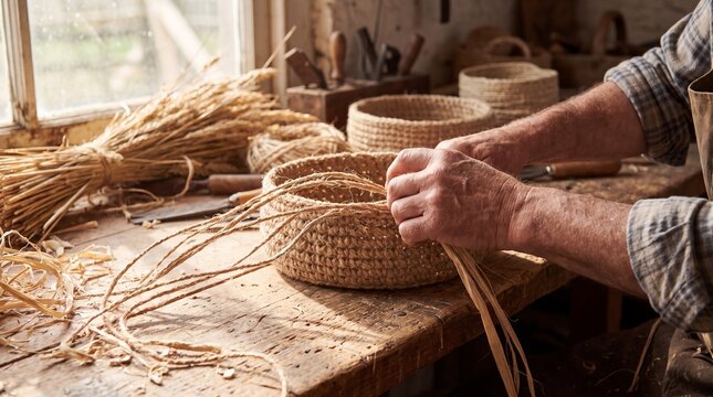 Artisan hands weaving a rustic basket from natural straw fibers in a traditional workshop setting