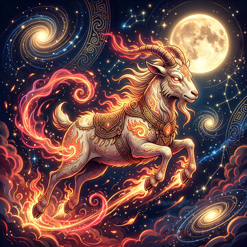 Mythical Capricorn Goat Constellation Fire Zodiac Animal in Cosmic Night Sky
