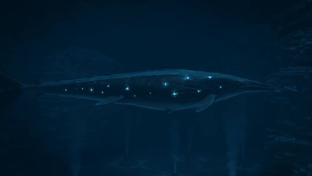 Mythical leviathan sea creature swimming in deep blue ocean water