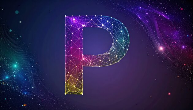 Vibrant Glowing Polygonal Letter P in a Futuristic Digital Network Style with Cosmic Starry Background and Abstract Light Trails