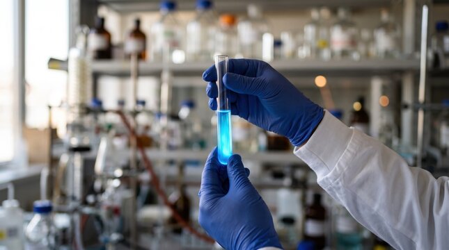 Chemist holding test tube with glowing blue liquid in research laboratory, close up of hands in gloves inspecting chemical reaction or pharmaceutical compound for scientific study.
