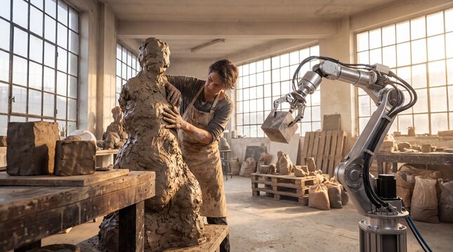 Artist sculpting clay statue with robotic arm assistance in a sunlit workshop studio