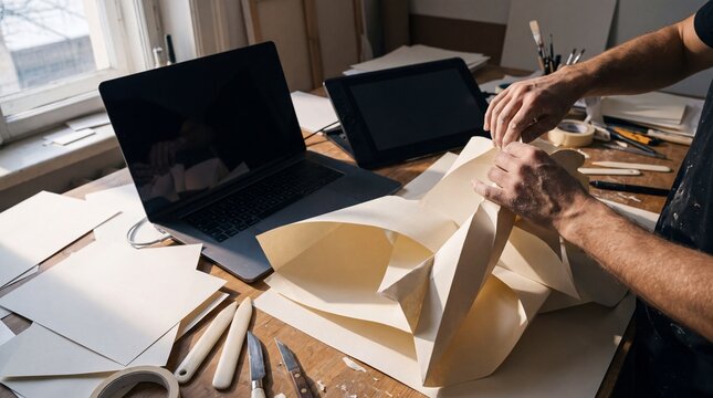 Artist working on a complex paper sculpture at a wooden desk with a laptop and digital drawing tablet