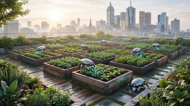 Robotic spiders tending to a lush rooftop vegetable garden overlooking a modern city skyline at sunrise